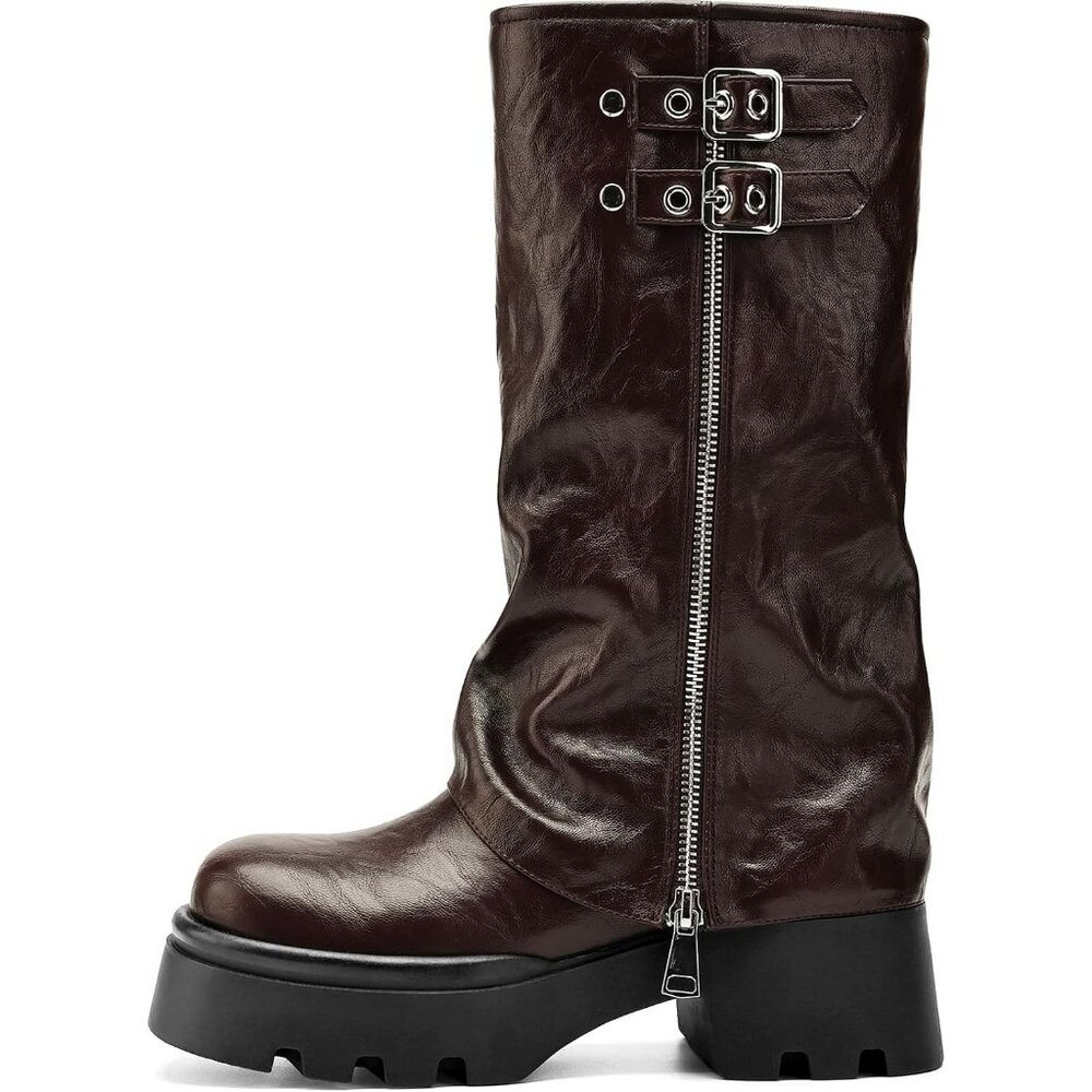 Women's Burgundy Chunky Slouchy Fold Wide Calf Fashion Buckle Knee High Boots - Picture 4 of 5